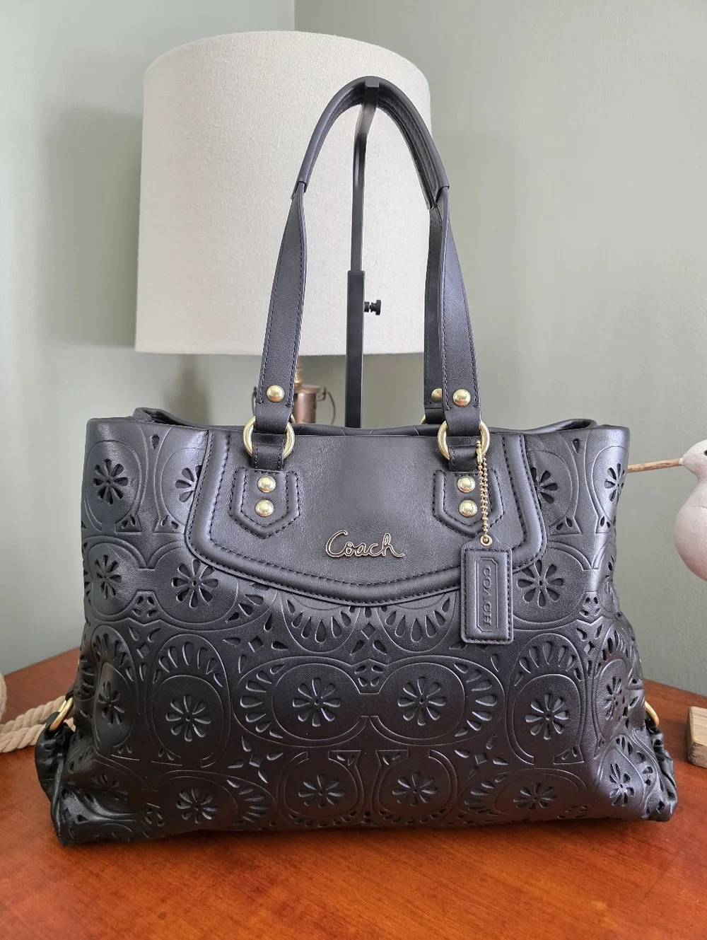Coach F21833 Ashley Lace Carryall Black Cutout Leather Tote Bag NWT
